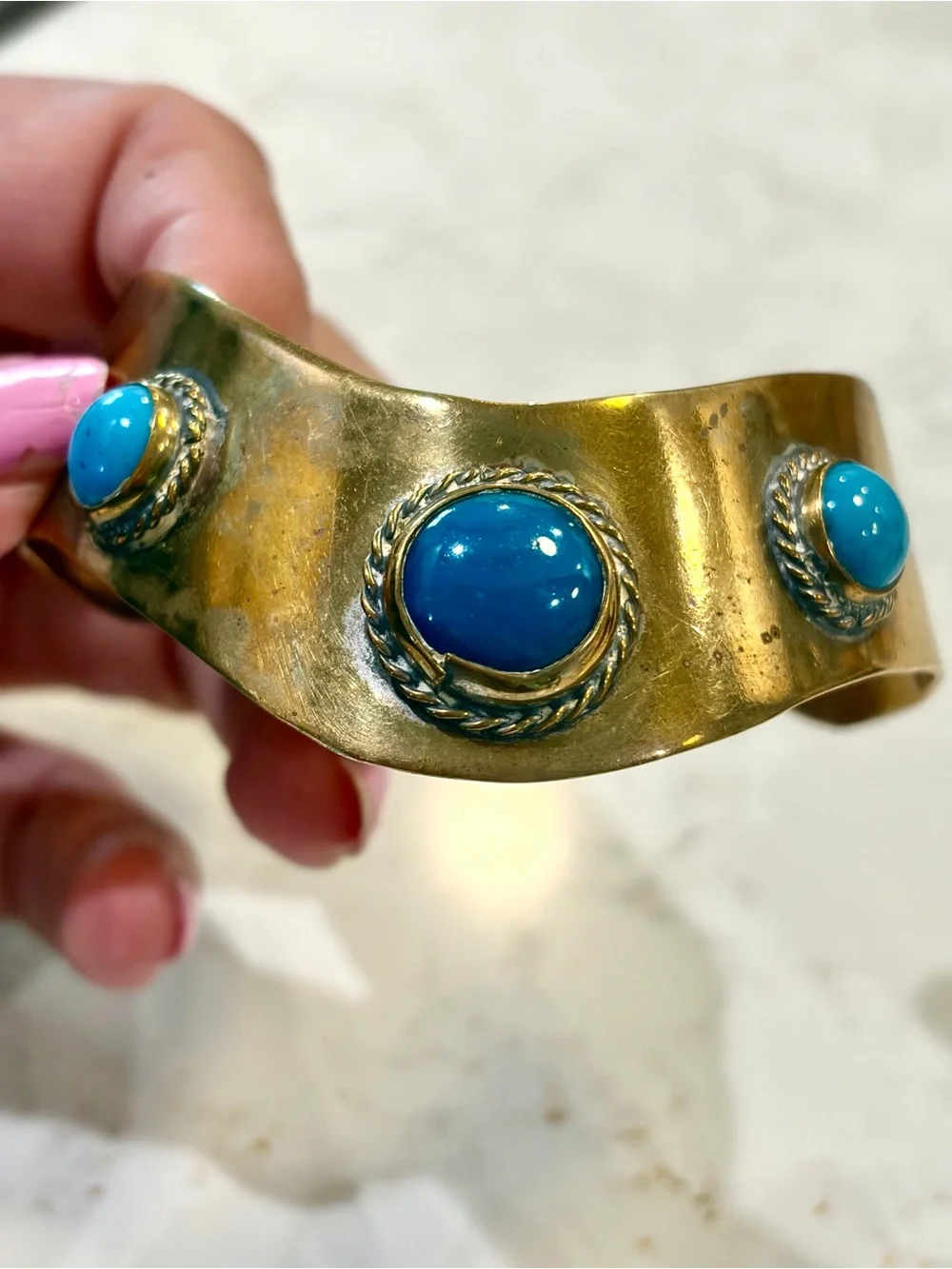 Gold-Tone Cuff Bracelet with Bright Turquoise Stones